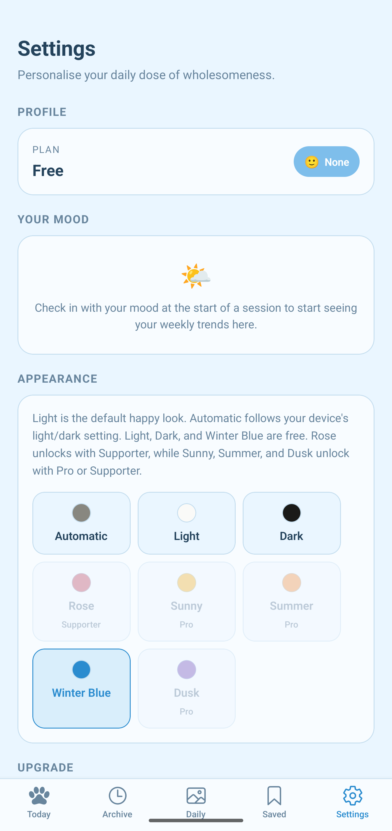 PawsitiveDose settings screen showing appearance themes and plan options.