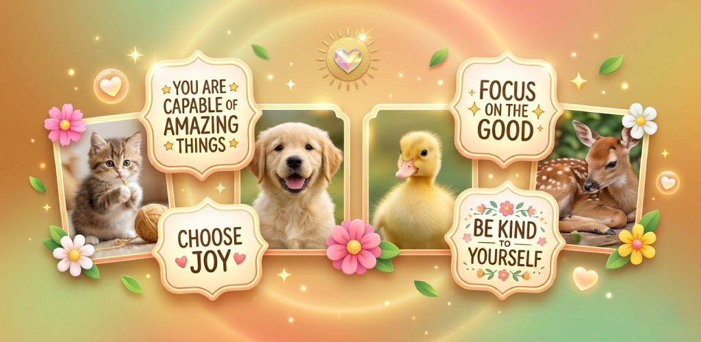 PawsitiveDose feature graphic with wholesome animal photos and encouraging quote cards.